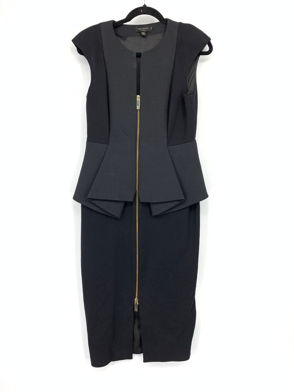 Ted Baker Jumana Textured Peplum Zip Front Sheath Dress Womens Sz 3 US 8 Black